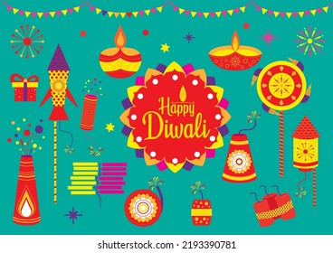 Diwali festival flat modern elements illustration and icon set for graphic and web design templates or deepavali firecrackers, Diwali crackers flat vector, color full fireworks on cyan background.