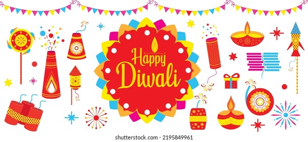 Festival Diwali pantalla plana de elementos modernos ilustración e íconos para plantillas de diseño gráfico y web o petardos Deepavali, petardos Diwali vectorial plano, fuegos artificiales vectoriales completos de color rojo sobre blanco