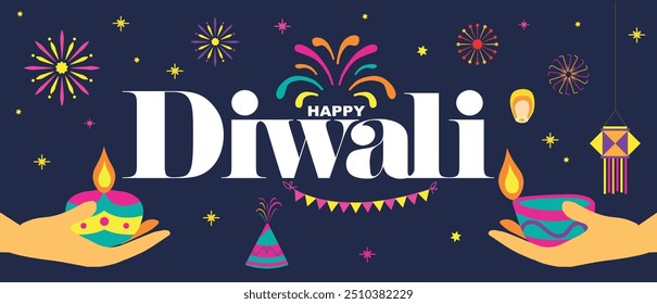 Diwali festival flat modern elements and icon set for graphic and web design templates or deepavali firecrackers design with hands holding diya oil lamps, fireworks and typography. Vector illustration