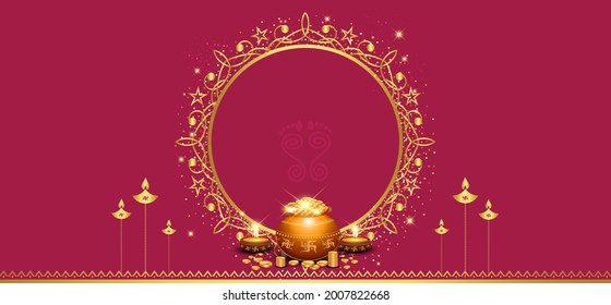 Diwali festival floral motif rangoli fram design decoration background in luxury golden colour for indian dhanteras worship