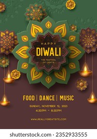 Diwali festival flyer or poster with paper cut style of Indian Rangoli and hanging diya - oil lamp. Green and brown colors. Vector illustration.