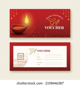 Diwali Festival Gift Voucher Banner Design With Double-Side, Lit Oil Lamp (Diya) In Red And White Color.