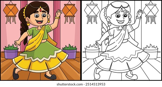 Diwali Festival Girl Dancing Coloring Illustration