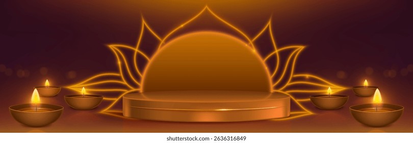 Diwali festival golden podium display with glowing lotus petals. Traditional clay oil lamps arranged around circular platform. Diya candle flames illuminating dark background for Hindu celebration.