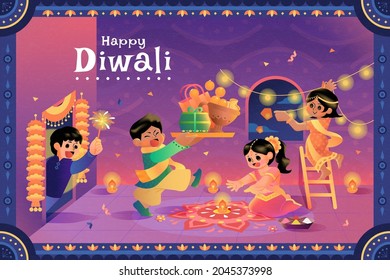 Diwali festival graphic elements with two Indian children characters, rangoli on large diya lamp, and color powder in plate. Isolated on purple background.