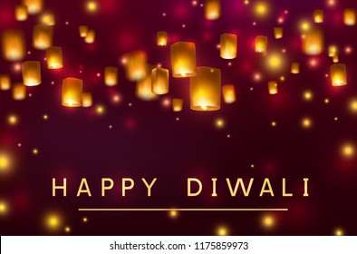 Diwali festival greating card with floating lamps at night sky. Vector traditional indian paper flying lanterns, glowing lights.