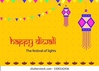 Diwali festival greeting banner layout with traditional hanging lamp (kandil). Beautiful background with Indian decorative elements.