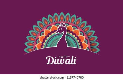 Diwali Festival Greeting Card With Beautiful Peacock