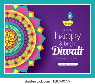 Diwali festival greeting card with colorful rangoli background