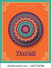 Diwali festival greeting card with colorful rangoli background