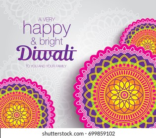 Diwali festival greeting card with colorful rangoli background