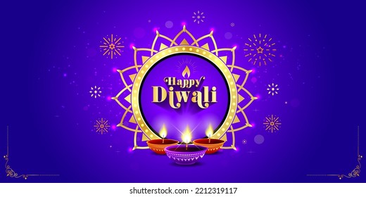 Diwali festival greeting card design. Happy diwali text with Luxury golden floral design, candle lights and fireworks on blue background.