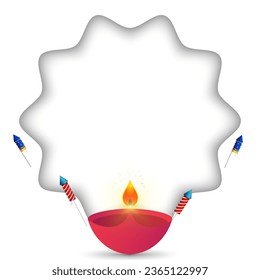 Diwali festival greeting card design with diya oil lamp with fireworks background. Vector illustration