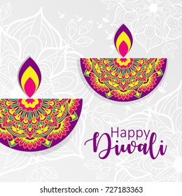 Diwali festival greeting card with Diwali diya (oil lamp) and mandala ornament.