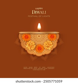 Diwali Festival Greeting Card. Flower rangoli for Diwali or Pongal Festival made of marigold flowers