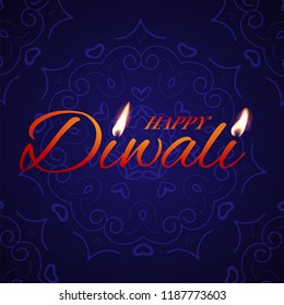 Diwali festival greeting card template. Vector Happy Diwali text with candle lights on blue background.