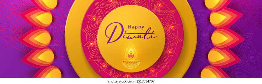 Diwali festival greeting long horizontal banner in paper cut style with beautiful bright lights, oil lamp Diya and flowers of lights. Holiday design for branding, greeting card, cover, flyer or poster