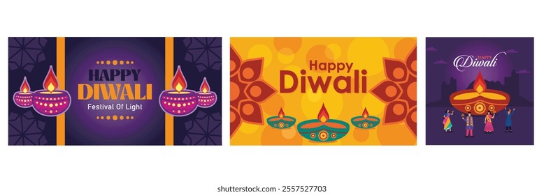 Diwali Festival Greeting.  Traditional Diyas and Patterns. Traditional Attire and Lit Diya. Set flat vector modern illustration 