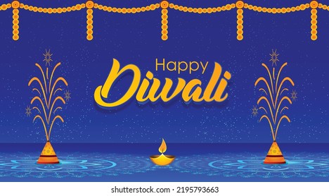 Festival Diwali saluda pancarta e ilustración de vectores de fondo con objetos decorativos y fuegos artificiales