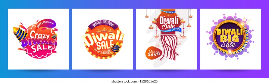 Diwali festival holiday decorative background with beautiful stylish lamp and  diya Diwali banner 4 set