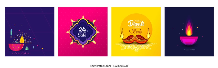 Diwali festival holiday decorative background with beautiful stylish lamp and  diya Diwali banner 4 set