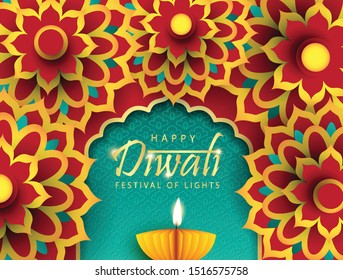 Diwali festival holiday design. Beautiful Indian Flower Paper with Diya Oil Lamp Design. The Festival of Lights.