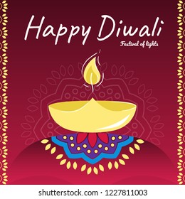 Diwali festival holiday design. Diwali candle background with Indian Rangoli. Festival of lights. Colored vector illustration.