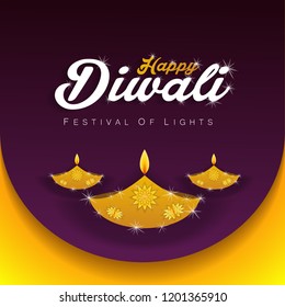 Diwali festival holiday design with gold and paper cut style of Indian Rangoli. purple color background. Vector illustration.