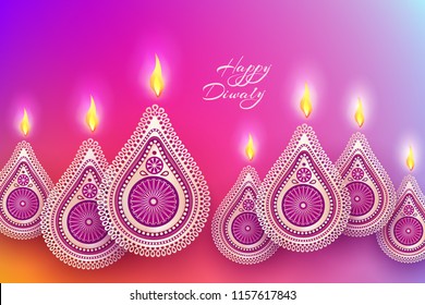 Diwali festival holiday design with golden national lamps diya in the style of Rangoli. Indian National Festival of Lights Deepavali. Vector illustration