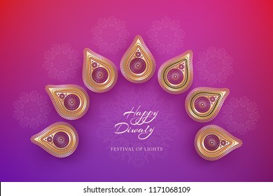 Diwali festival holiday design with golden national lamps diya in the style of Rangoli. Indian National Festival of Lights Deepavali. Trendy ultraviolet background color. Vector illustration