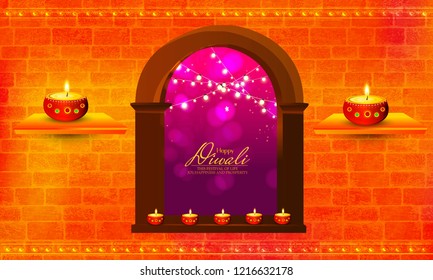 Diwali festival holiday design with Indian Rangoli, and creative diya. Purple color on purple background.