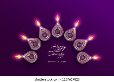 Diwali festival holiday design with national lamps diya in the style of Rangoli. Indian National Festival of Lights Deepavali. Trendy ultraviolet background color. Vector illustration