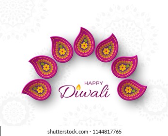 Diwali festival holiday design with paper cut style of Indian Rangoli. Purple color on white background. Vector illustration.