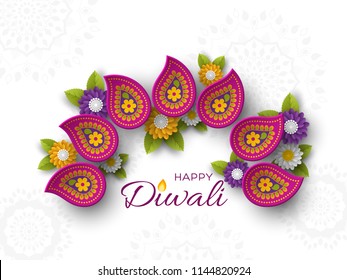 Diwali festival holiday design with paper cut style of Indian Rangoli and flowers. Purple color on white background. Vector illustration.