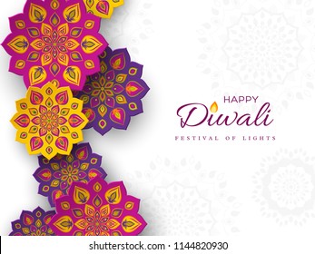 Diwali festival holiday design with paper cut style of Indian Rangoli. Purple, violet, yellow color on white background. Vector illustration.