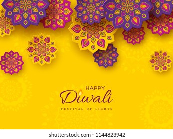 Diwali festival holiday design with paper cut style of Indian Rangoli. Purple, violet color on yellow background. Vector illustration.