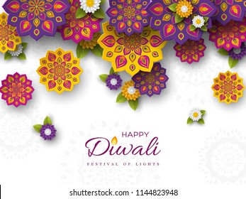 Diwali festival holiday design with paper cut style of Indian Rangoli and flowers. Purple, violet, yellow colors on white background. Vector illustration.