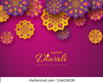 Diwali festival holiday design with paper cut style of Indian Rangoli. Purple color background. Vector illustration.