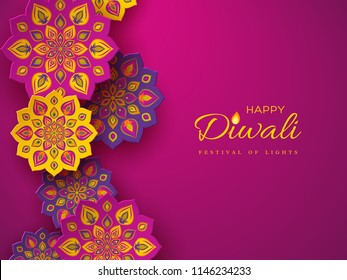 Diwali festival holiday design with paper cut style of Indian Rangoli. Purple color background. Vector illustration.