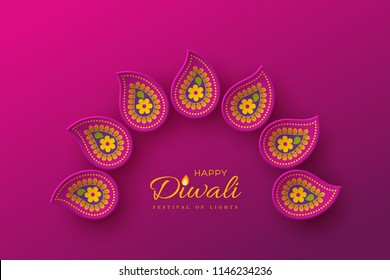 Diwali festival holiday design with paper cut style of Indian Rangoli. Purple color background. Vector illustration.