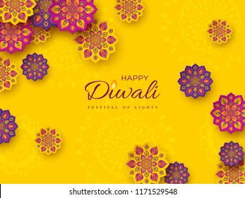 Diwali festival holiday design with paper cut style of Indian Rangoli. Purple, violet color on yellow background. Vector illustration.