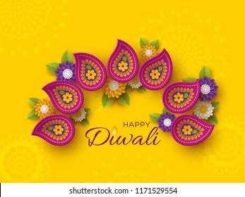 Diwali festival holiday design with paper cut style of Indian Rangoli and flowers. Purple color on yellow background. Vector illustration.