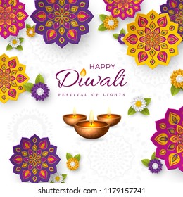 Diwali festival holiday design with paper cut style of Indian Rangoli, flowers and diya - oil lamp. White color background. Vector illustration.