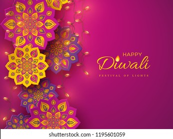 Diwali festival holiday design with paper cut style of Indian Rangoli and garlands. Purple color background. Vector illustration.