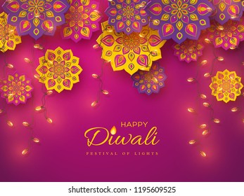 Diwali festival holiday design with paper cut style of Indian Rangoli and garlands. Purple color background. Vector illustration.