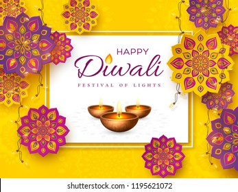 Diwali festival holiday design with paper cut style of Indian Rangoli, garland and diya - oil lamp. Purple color on yellow background. Vector illustration. Diwali festival holiday design with paper cut style of Indian Rangoli, garland and diya - oil lamp. Purple color on yellow background. Vector illustration.