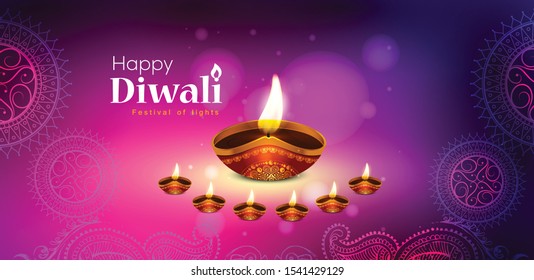 Diwali festival holiday design with paper cut style of Indian
oil lamp. Purple color on yellow background. Vector illustration.