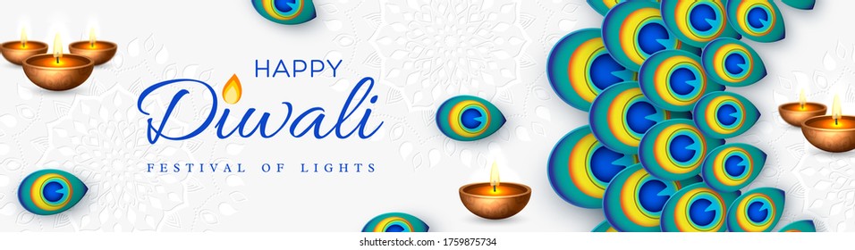 Diwali festival holiday design with paper cut style of peacock feather and diya - oil lamp. Round frame on white background. Vector illustration.