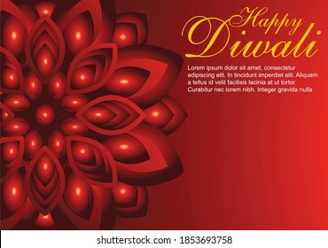 Diwali festival holiday design with paper cut style of Indian Rangoli and hanging diya - oil lamp. Purple color on yellow background. Vector illustration.