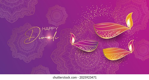 Diwali festival holiday design with paper cut style of Indian Rangoli. Happy Diwali. Paper Graphic of Indian Rangoli. Gold Mandala on purple pink yellow background. Design for banner, invitation, menu